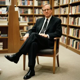 2 0 0 3 john lasseter wearing a black suit and necktie and black shoes sitting in a chair with his legs crossed in a bookstore.