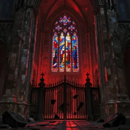 old cathedral, red light inside, stained glass, broken gate, black rocks,, epic fantasy, colorfully, digital art, concept art, detailed illustration, hd, 4 k, digital art, by anato finnstark, digital art, greg rutkowski, dan mumford, studio ghibli, trending on artstation