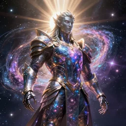 a celestial cosmic god, in the armor of a thousand galaxies, dynamic lighting, fantasy concept art, trending on art station, stunning visuals, creative, cinematic, ultra detailed, ray tracing, sun rays, majestic, tim hildebrandt