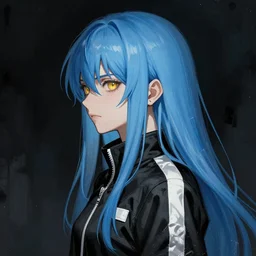 profile shot of rimuru tempest, sky blue straight hair, long bangs, gold eyes, amber irises, wearing a black jacket with white stripes, high collar, ultra detailed, wild brush strokes, digital painting, cinematic, wlop, pixiv, color block, eerie, scary, yoshitaka amano, ilya kuvshinov, andy warhol
