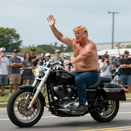 “Trump with swollen pecks shirtless riding a Harley Davidson as he waves to a crowd of people”