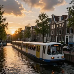 a crowded metro train floating in a canal in Amsterdam, sunset