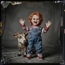damaged kodak portra 4 0 0, wetplate, photo of a screaming chucky doll, weird fashion, grotesque, extravagant dress, strange pose, carneval, with an animal, wtf, photographed by paolo roversi style