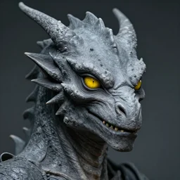 a portrait of a character with the head of a dragon, gray leathery skin, gaunt facial structure, and yellow eyes