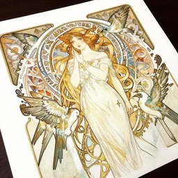 a beautiful intricate watercolor illustration of a girl with birds, detailed paper, 4 k, ultra - wide angle, by william turner, by victo ngai, by alphonse mucha, by miho hirano, by moebius, hd, trending on artstation, hyper detailed, muted intense colors