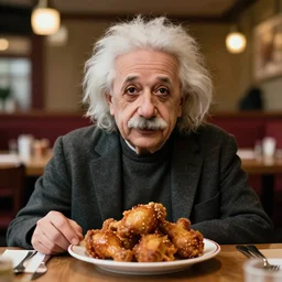 a portrait of albert einstein sitting at the dining table with a plate containing kfc chicken in front of him, highly detailed, trending on artstation, bokeh, 9 0 mm, f / 1. 4