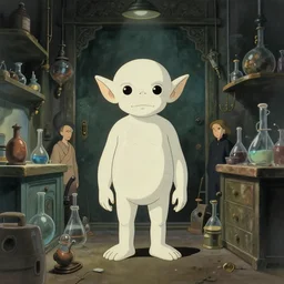 minimalist cyborg goblin inside byzantine kowloon hoarder labaratory, portrait by by greg rutkowski and h. r. giger and stalenhag and deak ferrand, studio ghibli composition