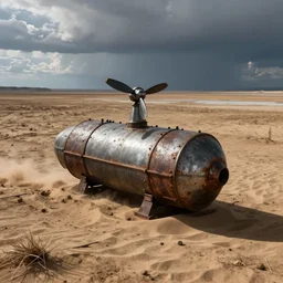 a spaceship that looks like a rusty metal cylinder with propeller on top in a dried out bed lake partially submerged in sand