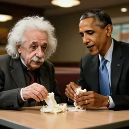 Einstein and Obama taking a shit on table at McDonalds, ultra detailed, photorealistic, dramatic lighting