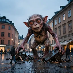 mobile photo of a huge gollum wrecking havoc in stockholm, sweden, dusk light after the rain.