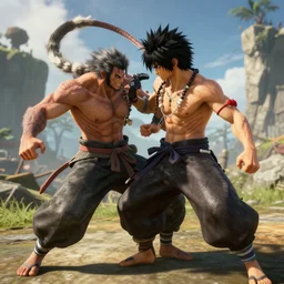 iori yagami beating orochi in an open world game, hyperralistic, unreal engine, 8 k, raytracing, subsurface scattering, high resolution textures