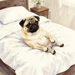 water color of a cute pug lying on a massive bed, extremely detailed, sharp focus, wide view, smooth, digital illustration, by rossdraws, frank franzzeta, mcbess, sakimichan, james jean