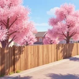 small town surrounded by a wooden wall, pink leaf trees, artstation, day, sun