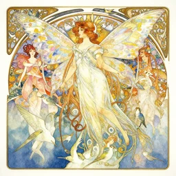 a beautiful insanely intricate watercolor painting of a beatutyful fairy with birds, reflexions, colorfull, by william turner art, by greg rutkowski, by alphonse mucha, by james jean, by rossdraws, by frank franzzeta, by sakimichan, trending on artstation, insanely detailed, masterpiece,