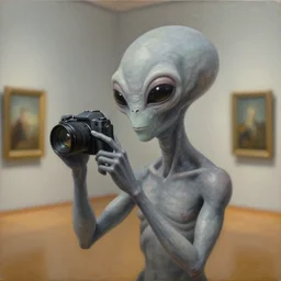 museum painting, grey alien holding camera by artgerm