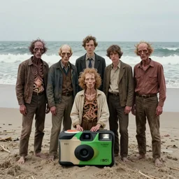 midcentury beasts, ancient family photo on the beach, deformities, 1 9 8 1 disposable camera with hard flash, raging sea, freeze frame, liebovitz, cgisociety, weta digital, micro detailed, joel peter witkin, lovecraft, chaos