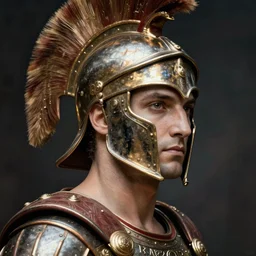 close - up portrait athenian warrior with helmet and armor, art by jan saudek