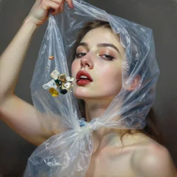 fine art portrait oil painting of a beautiful woman with garbage flying into her face, wearing a plastic garbage bag, perspective, ultra detailed, elegant, intricate, dynamic lighting, hyperrealism, sharp focus, art by peter mohrbacher and david choe and andrei riabovitchev