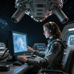 girl in the sci - fi heavy suite with monitor in hands, deep space, landing gear, by fausto de martini, by wadim kashin, cinematic light, cinematic keyframe, featured on artstation, octane render, sharp focus, ray tracing, cinematic 8 k.