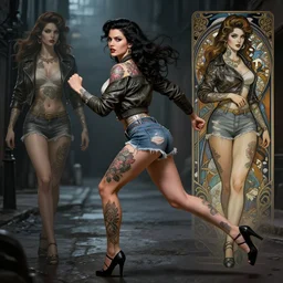 tattooed pinup girl samara weaving wearing a jacket and ripped shorts running and fighting in a dark street, character sheet, character design,, contrast, deep focus, turnaround, highly detailed, dramatic lighting, digital painting, artstation, concept art, matte, sharp focus, illustration, elegant, art by artgerm and greg rutkowski and alphonse mucha.