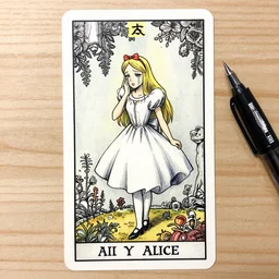 Crying Alice in wonderland tarot card , pen and ink, intricate line drawings, by Yoshitaka Amano, Ruan Jia, Kentaro Miura, Artgerm, watercolor