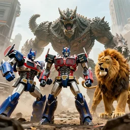 full - color cinematic movie still from a live - action voltron action film directed by michael bay. the scene features the robotic lions from voltron fighting against an ugly kaiju monster. photorealistic rendering ; highly - detailed ; epic.