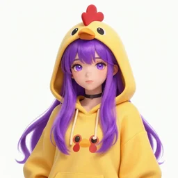 a girl with long purple hair wearing a chicken hoodie digital art, artstation cgsociety masterpiece