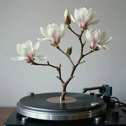 slitscan portrait image of magnolia flowers twisting on a rotating turntable, slit - scan, strip photography, slitscan, trending on fine art america, surreal