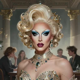 portrait of a glam rockstar drag queen genius in drag brainstorming, futurist style, intricate baroque detial, elegant, glowing lights, highly detailed, digital painting, artstation, concept art, smooth, sharp focus, illustration, art by wlop, mars ravelo and greg rutkowski