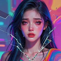 young woman, gorgeous face, vaporwave aesthetic, synthwave, colorful, psychedelic, broken, shattered, beaten, sadness, crying, tears, artstation, concept art, smooth, extremely sharp detail, finely tuned detail, 8 k, unreal engine 5, ultra sharp focus, illustration, art by artgerm and greg rutkowski and alphonse mucha