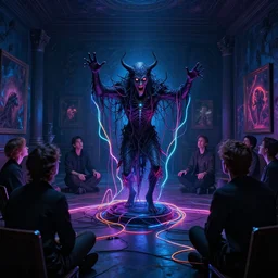 satanic ritual, a weird being is being summoned in the middle of a room, neon, they are watching, RGB, glowing wires everywhere, pristine, by Edgar Maxence and Ross Tran, Zdzisław Beksiński, and Michael Whelan, distant, gustav dore, H.R. Giger, 8k, octane render
