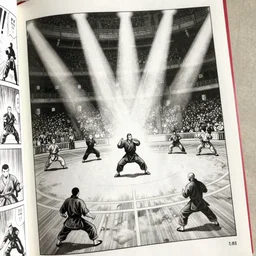 manga page depicting martial artists in arena