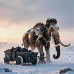 “photo of a biomechanical mammoth in an arctic storm with fog and blizzard, the mammoth drags old gigantic coal wagons with snow, it's a sunset photo with cold tones”