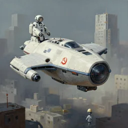 a beautiful matte painting of robot spaceship over the soviet communist blocks simon stalenhag and alan bean, trending on artstation, realistic rendering