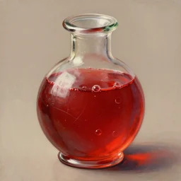 a beautiful painting illustration of a health potion, red liquid inside glass, scratched glass, bubbles, crimson, by greg rutkowski, featured on artstation, rpg item