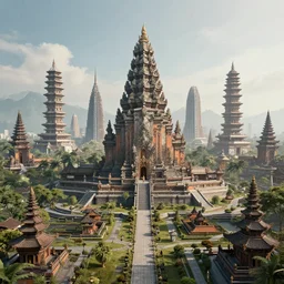 Futuristic city landscape with architectural style of Javanese temples, award winning photography, wide lense, HD, trending in Behance,