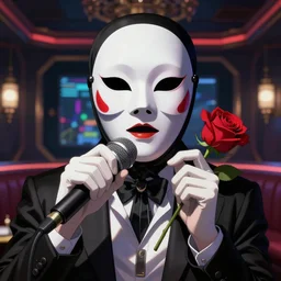 tuxedo mask sings into the microphone with a rose in hand, in the background karaoke bar, unreal render, hyper detailed drawing, intricate, anime key visual, manga, digital painting, artstation, hard focus, symmetry, illustration, landscape