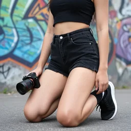 an urban close up photo of a kneeling urban girl with graffiti in the background, camera sony a 7 c, lens sony 1 6 - 3 5 mm f / 2. 8, fish eye
