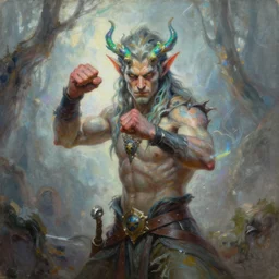 a painting by randy vargas of a fantasy elf. the elf has his fists raised in a martial stance. the elf has shapeshifting powers.