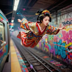 semi semi realistic digital painting!! beautiful geisha flying over a colorful subway train yard, grunge, graffiti, tags, dramatic, xray melting colors!!, long lens, shallow depth of field, bokeh, anamorphic lens flare, 8 k, hyper detailed, 3 5 mm film grain