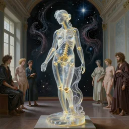 Beautiful full-body wax sculpture of a glowing transparent woman with visible golden bones inside room without doors and windows in the singularity where stars becoming baroque folds of dark matter by Michelangelo da Caravaggio, Nicola Samori, William Blake, Alex Grey and Beksinski, dramatic volumetric lighting, highly detailed oil painting, 8k, masterpiece