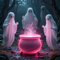 ghosts and spirits surrounding a glowing neon pink cauldron hd render
