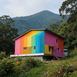 rainbow brutalist house on a secluded mountain with trees around