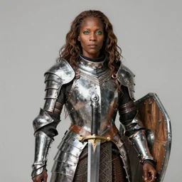 arabella mistsplitter, solo female darkskinned angelic soldier in her fifties, long brown hair, green eyes, african, ethiopian, short height, regular build, magnificent oval face, polished steel armor, shortsword, wooden shield a female dnd fighter's portrait, masterpiece, clear eyes, realistic hands, by brian patterson and rhads