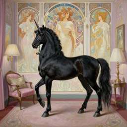 hyperrealistic detailed painting of a black unicorn in a liminal hotel room, art by ernst haeckel, john william godward, hammershøi, alphons mucha, pontormo, ornamental, decorative, art nouveau pattern, deep pastel colors,