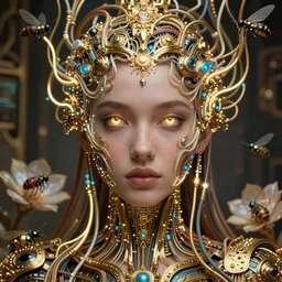 very beautiful woman integrating with technology, full face frontal centered, portrait, insipiring, detailed intricate ornate neon pulsating cables connected to head, brilliant eyes, luxurious detailed abundent wiring and implants, gold, renaissance, sci - fi, detailed technology background with cyber flowers and insects, dramatic lighting, photography, highly detailed, artstation, 8 k,
