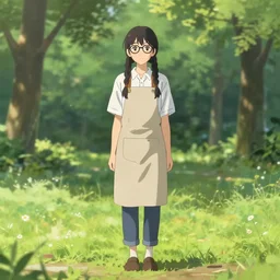 a beautiful full body portrait of a young woman with twin braids, wearing glasses and an apron standing in a park, symmetric, beautiful!!! face, makoto shinkai, james gilleard,  lois van baarle, ilya kuvshinov, rossdraws, very detailed, matte, gaussian blur, tone mapped