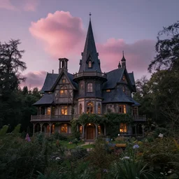 a gorgous witchhouse in a woodland, evening mood, pink clouds in the sky, by clive madgwick
