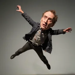 Performance art. A man with a large head and a small body is floating in the air, his arms and legs flailing. His clothes are tattered and he has a wild look in his eyes.  by Chip Zdarsky ✨