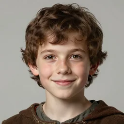 a detailed portrait of a medieval ten year old boy smiling, he has short curly brown hair, brown eyes and white skin, fantasy art illustration, incredibly highly detailed and realistic, 8 k, sharp focus